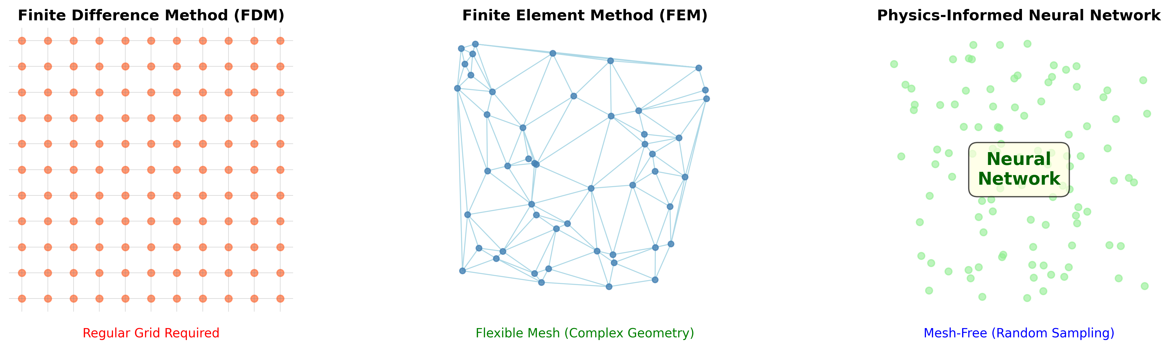 FDM、FEM与PINN三种方法的对比