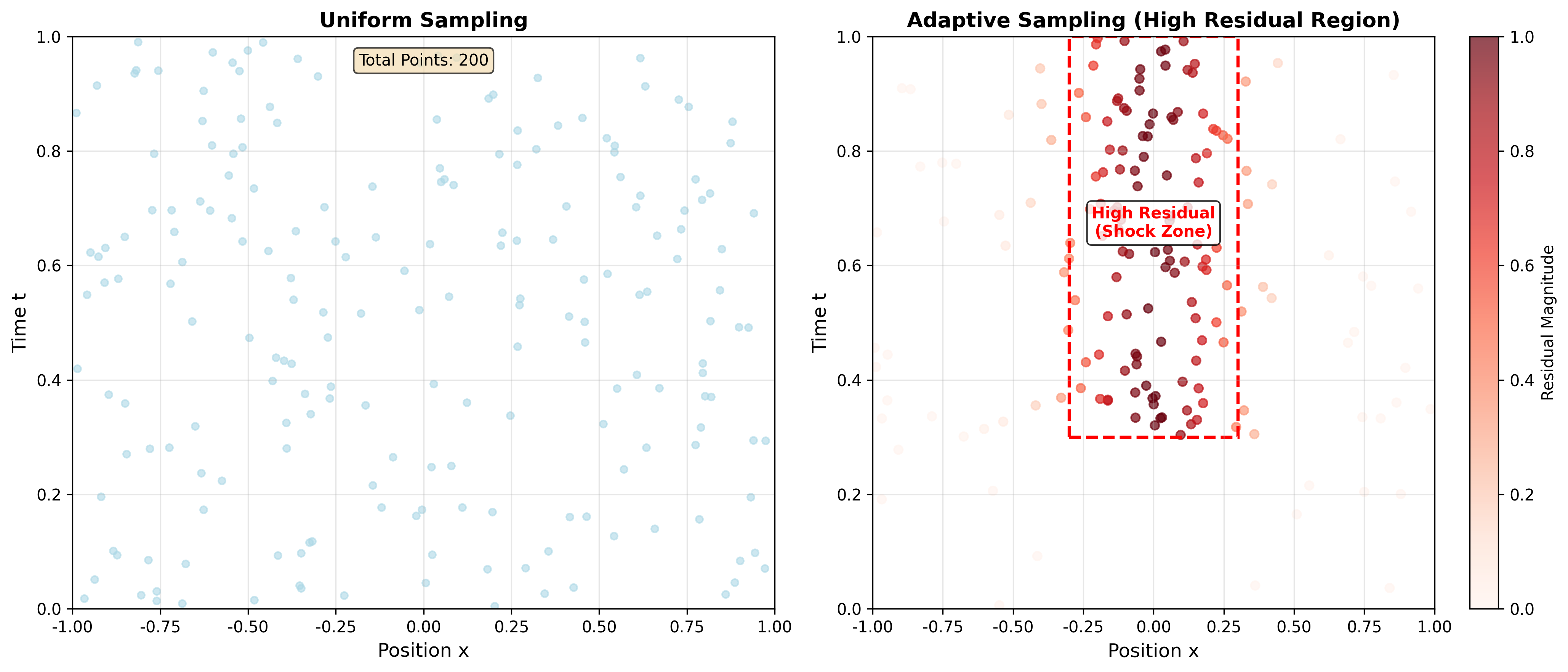 自适应采样策略：采样点在高残差区域（激波附近）密集分布